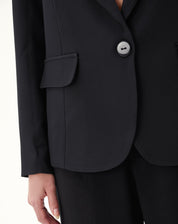 Detalhe do bolso com aba e botão do blazer preto.