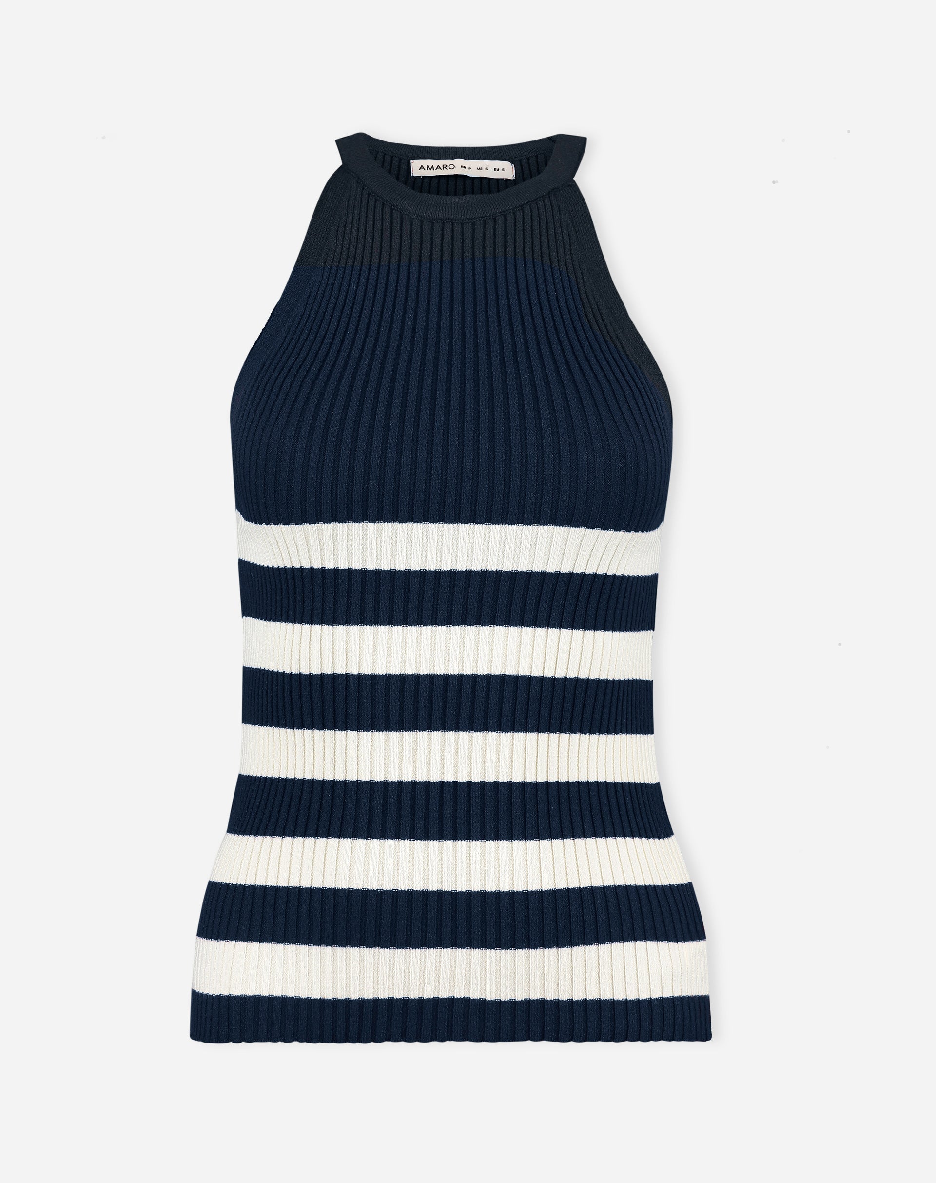 Imagem da regata Halter Neck de Tricot azul marinho com listras brancas, vista detalhada do tecido.