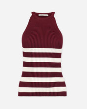 Imagem de uma regata Halter Neck de Tricot vinho com listras brancas, vista plana.