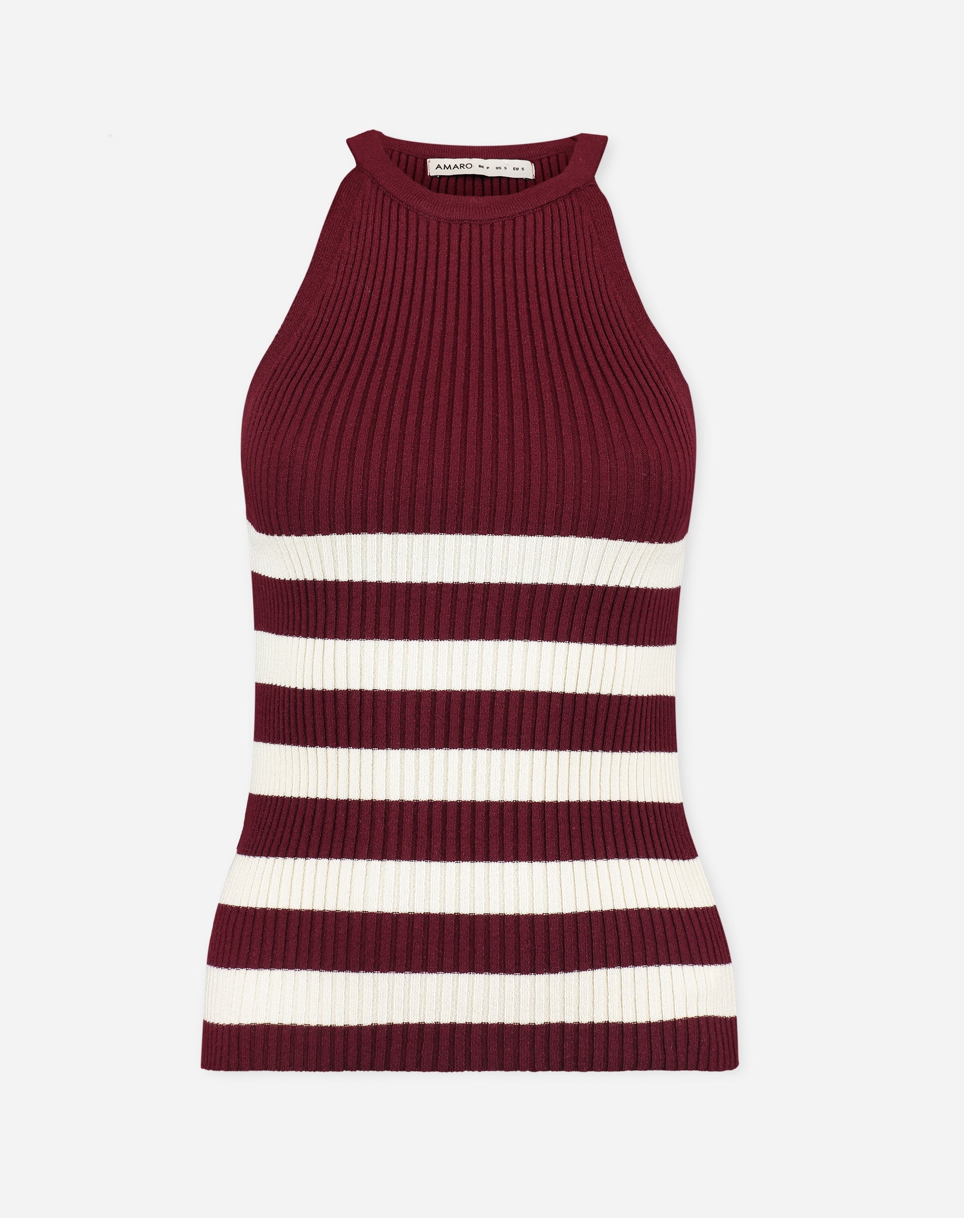Imagem de uma regata Halter Neck de Tricot vinho com listras brancas, vista plana.
