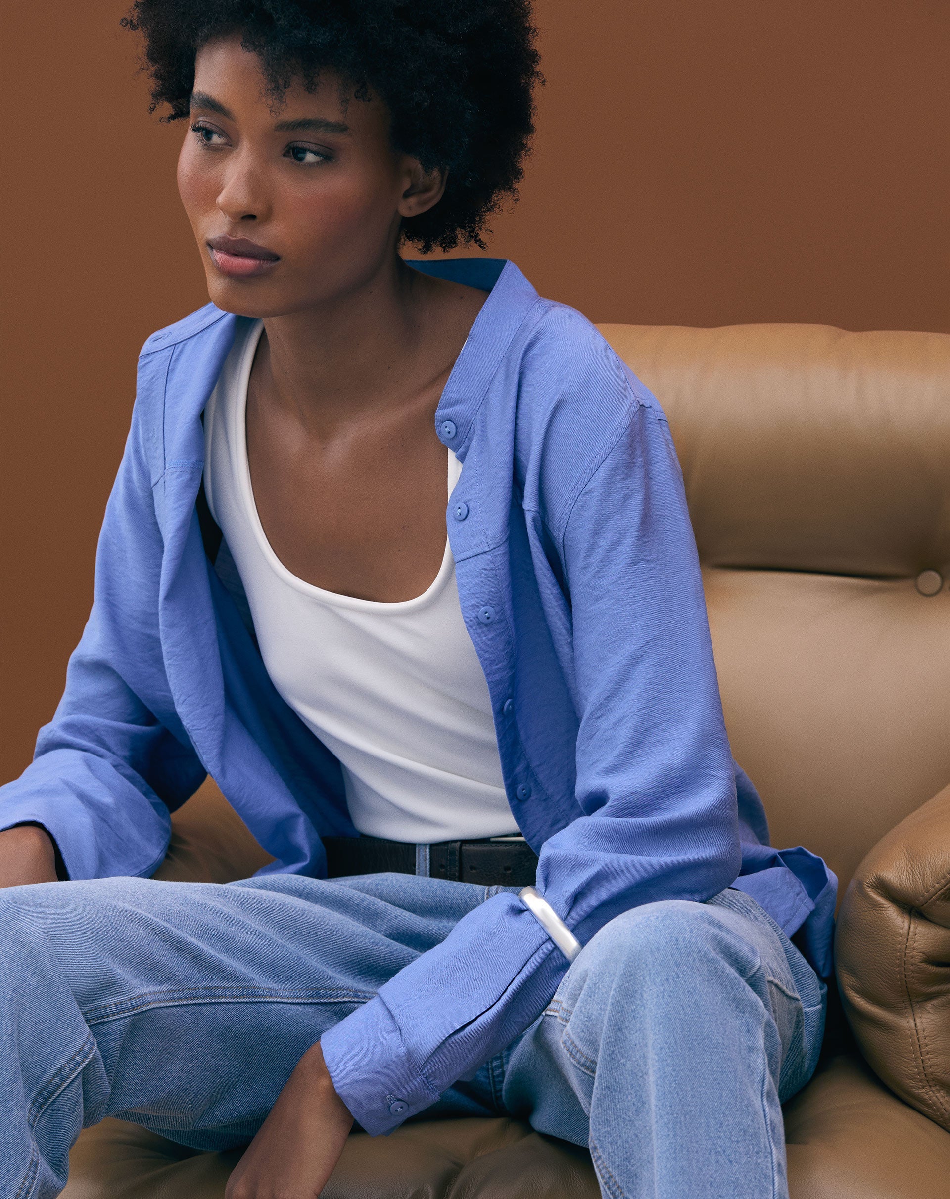 Camisa Reta Gola Padre com Pala - Azul