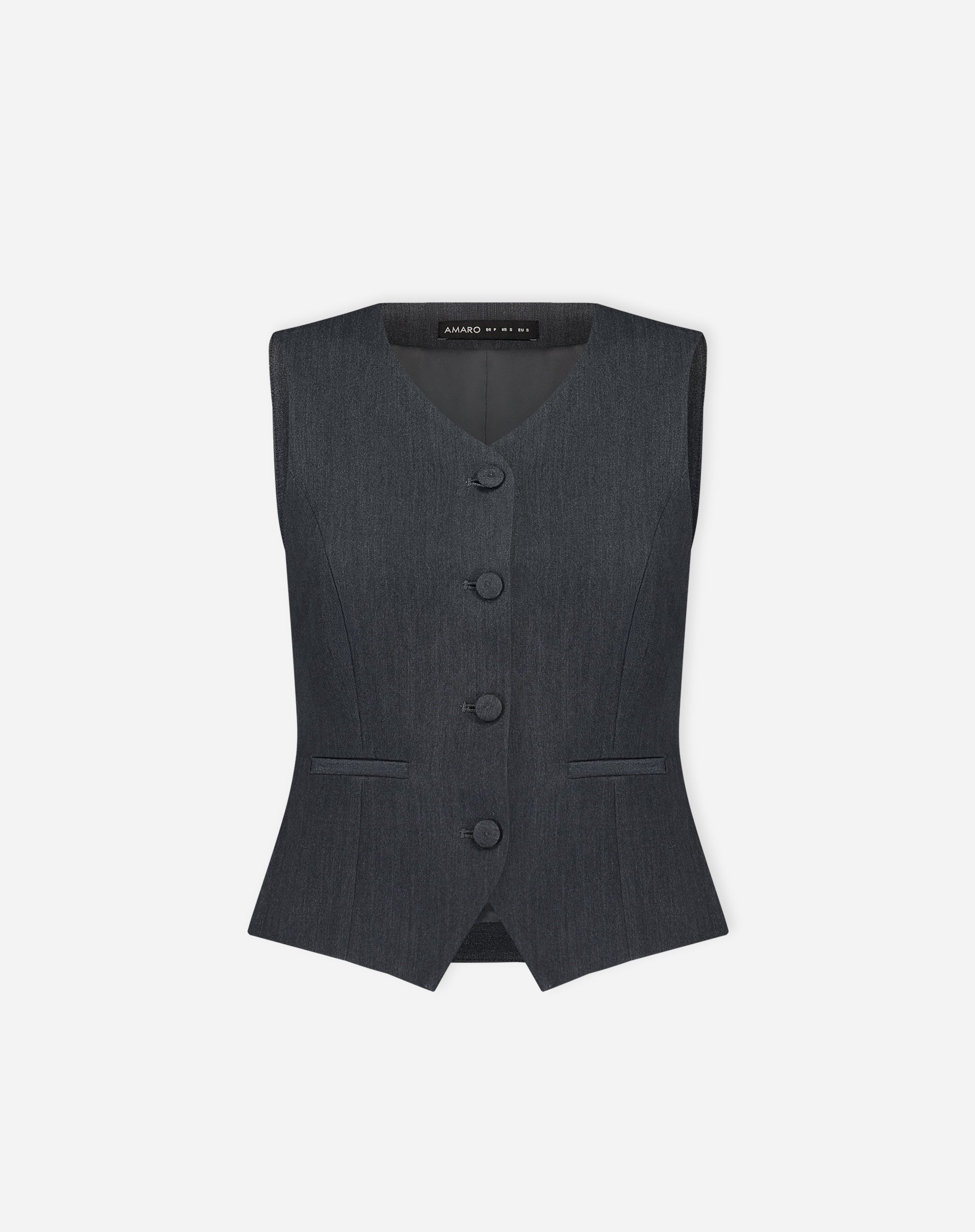 Imagem isolada do colete alfaiataria cinza sobre fundo branco, destacando design e botões.