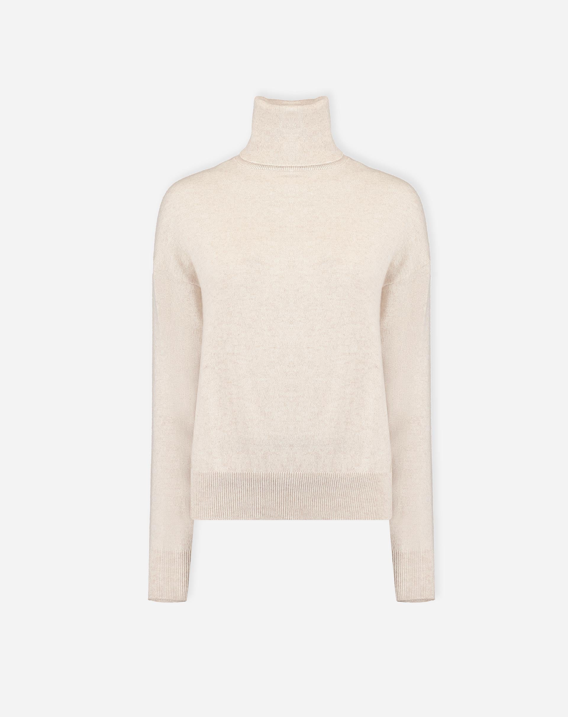 Imagem do produto isolado: suéter cashmere gola alta areia sobre fundo branco, vista frontal