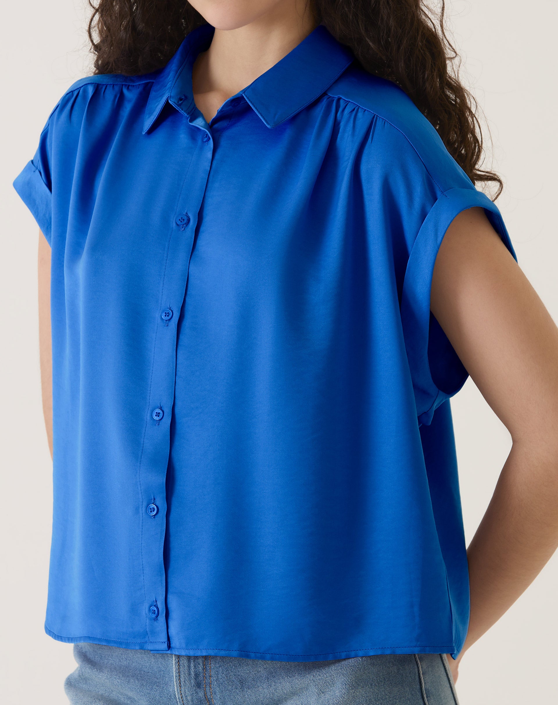 CAMISA MANGA CURTA DE CETIM - AZUL