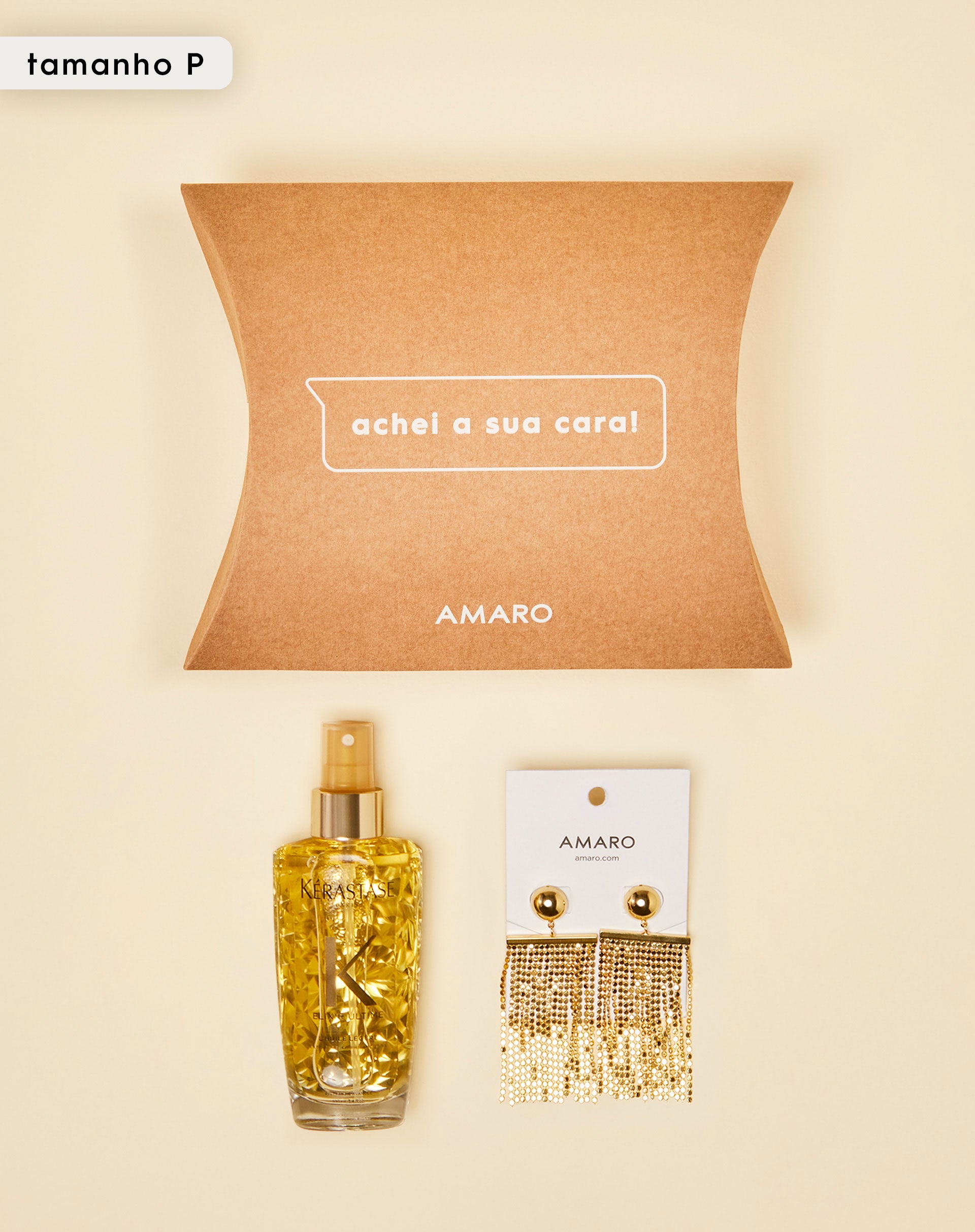 Embalagem de presente tamanho P com perfume dourado e brincos de franjas.