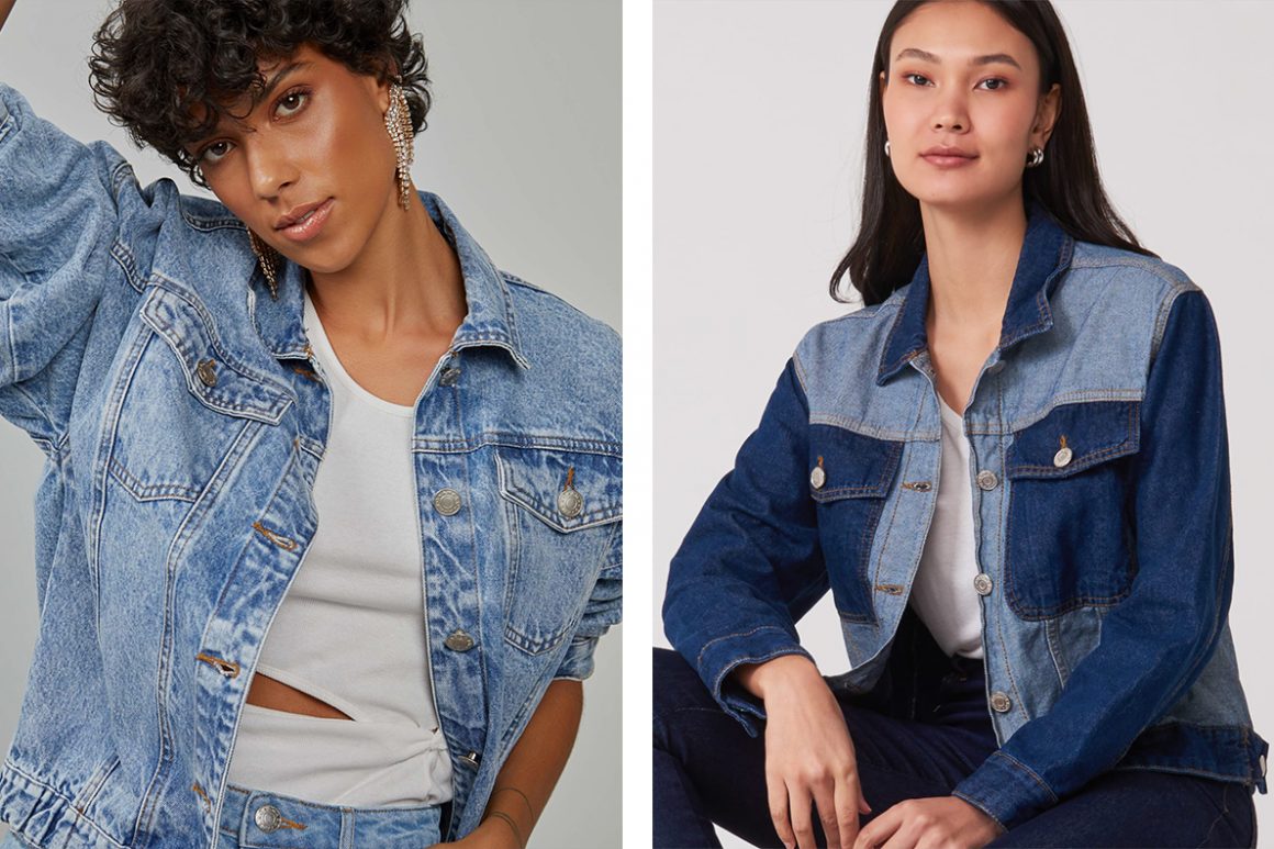 Primeira modelo vestindo jaqueta jeans elástico e segunda modelo vestindo jaqueta jeans bicolor