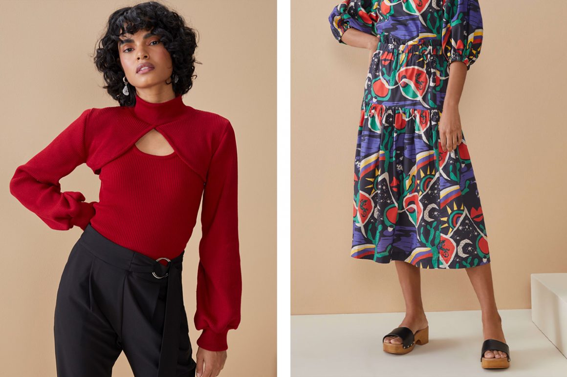 Look colorido com estampa vermelha