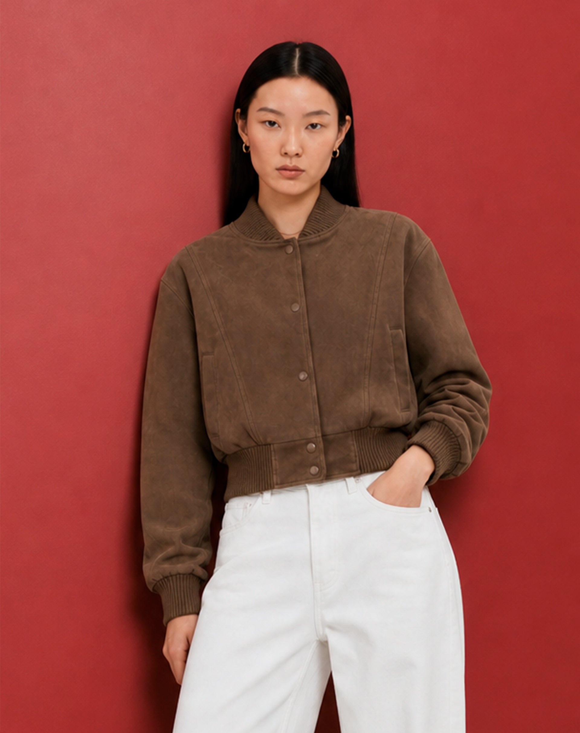 Jaqueta Bomber de Suede - Bege