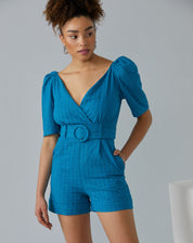 Macaquinho de Laise Manga Curta Bufante e Cinto - Azul