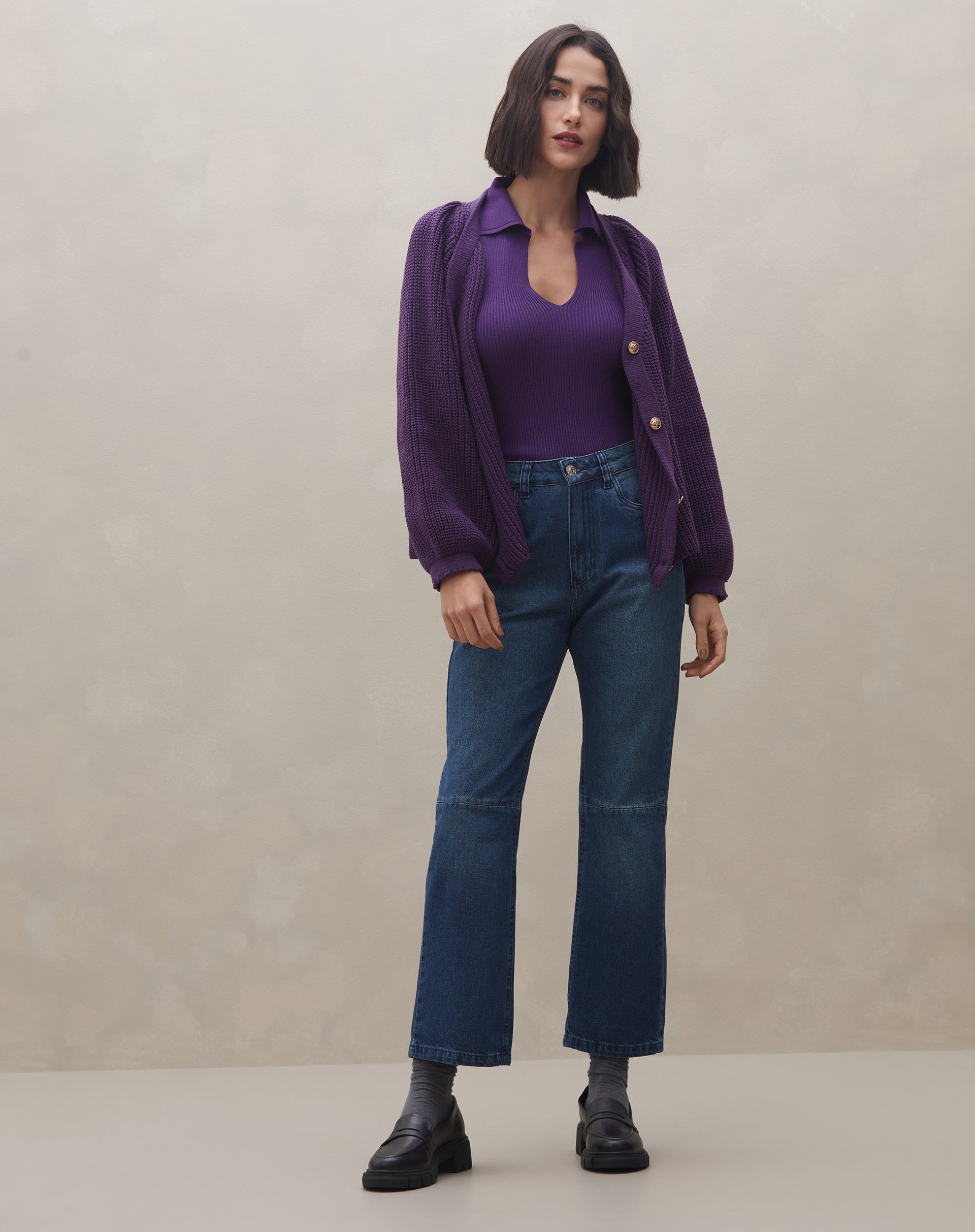 Cardigan de Mangas Bufantes com Botões Dourados - Roxo Escuro