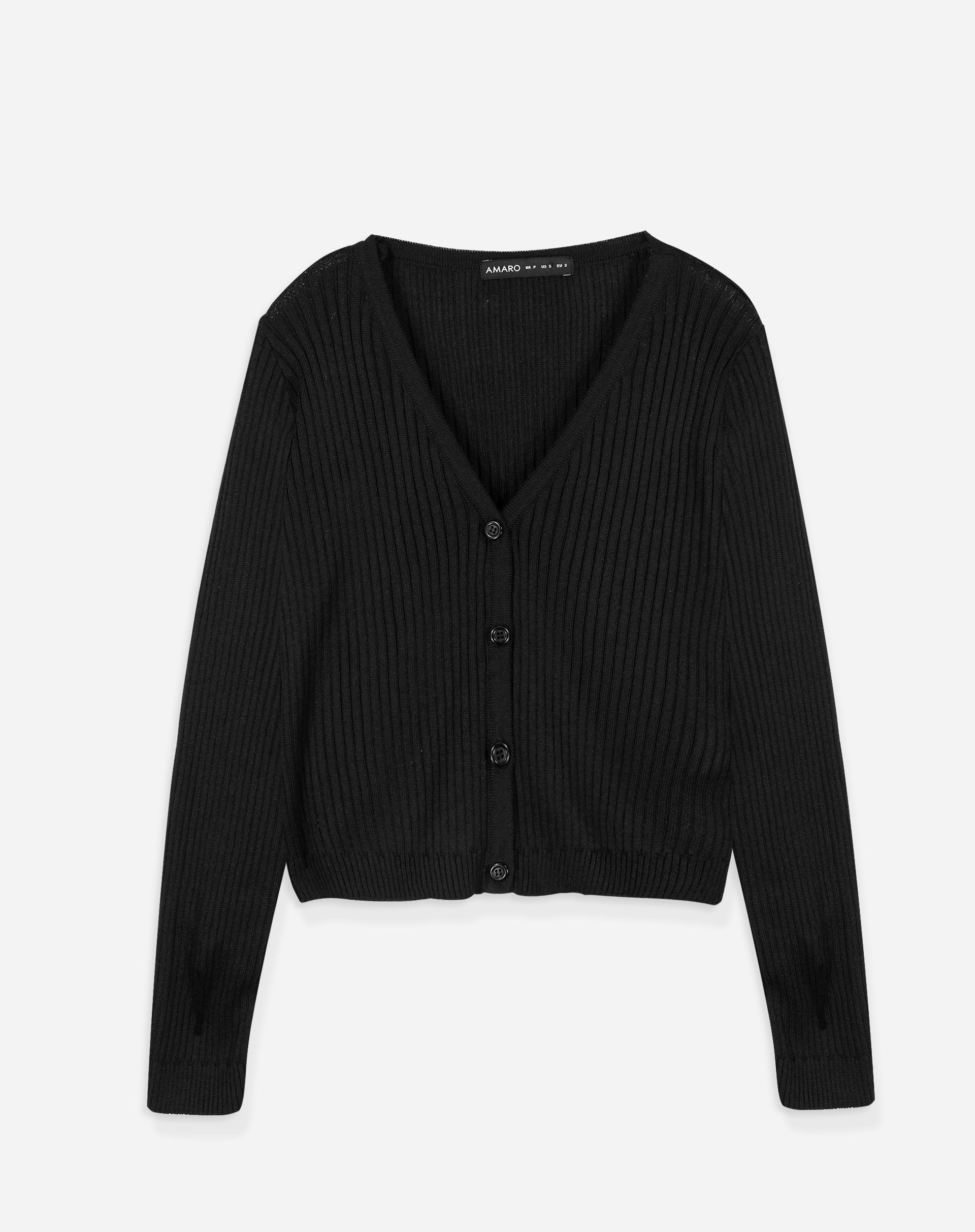 Cardigan Curto de Tricot Canelado - Preto