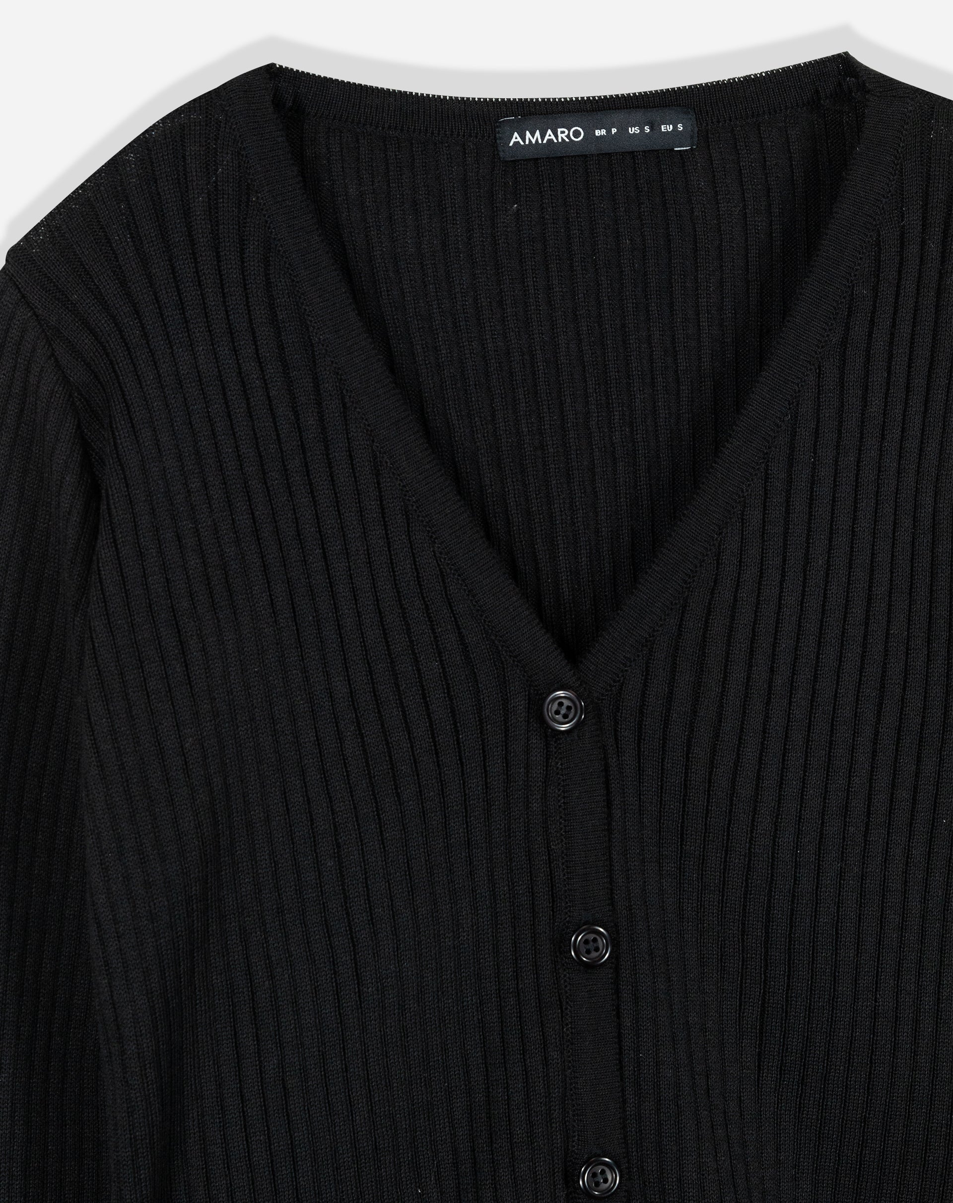 Cardigan Curto de Tricot Canelado - Preto