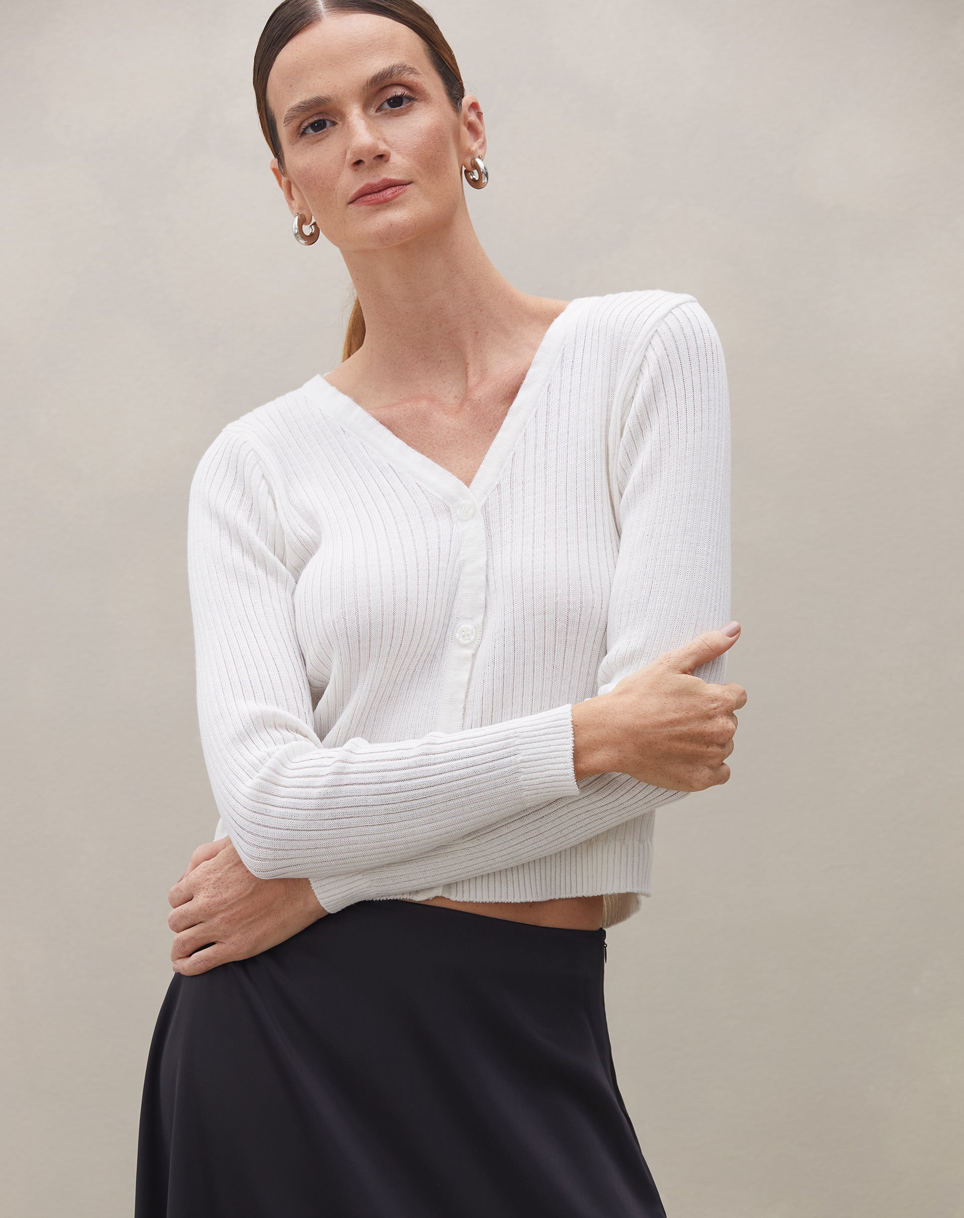 Cardigan Curto de Tricot Canelado - Off-white