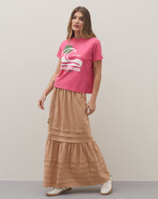 Saia Midi Alongada Linho Texturizado Detalhe Pregas - Areia