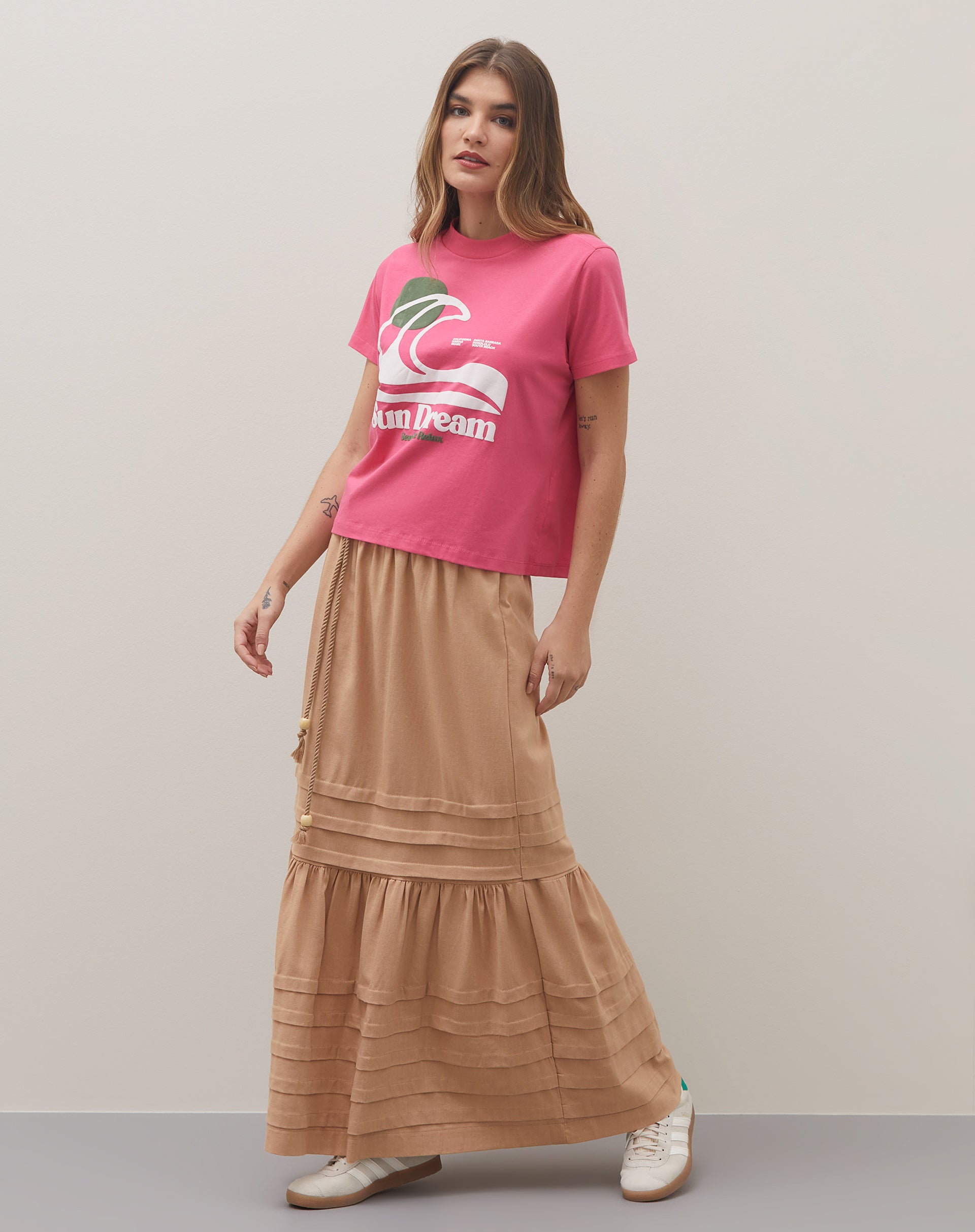 Saia Midi Alongada Linho Texturizado Detalhe Pregas - Areia