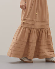 Saia Midi Alongada Linho Texturizado Detalhe Pregas - Areia