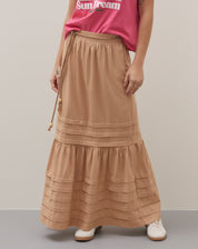 Saia Midi Alongada Linho Texturizado Detalhe Pregas - Areia