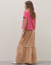 Saia Midi Alongada Linho Texturizado Detalhe Pregas - Areia