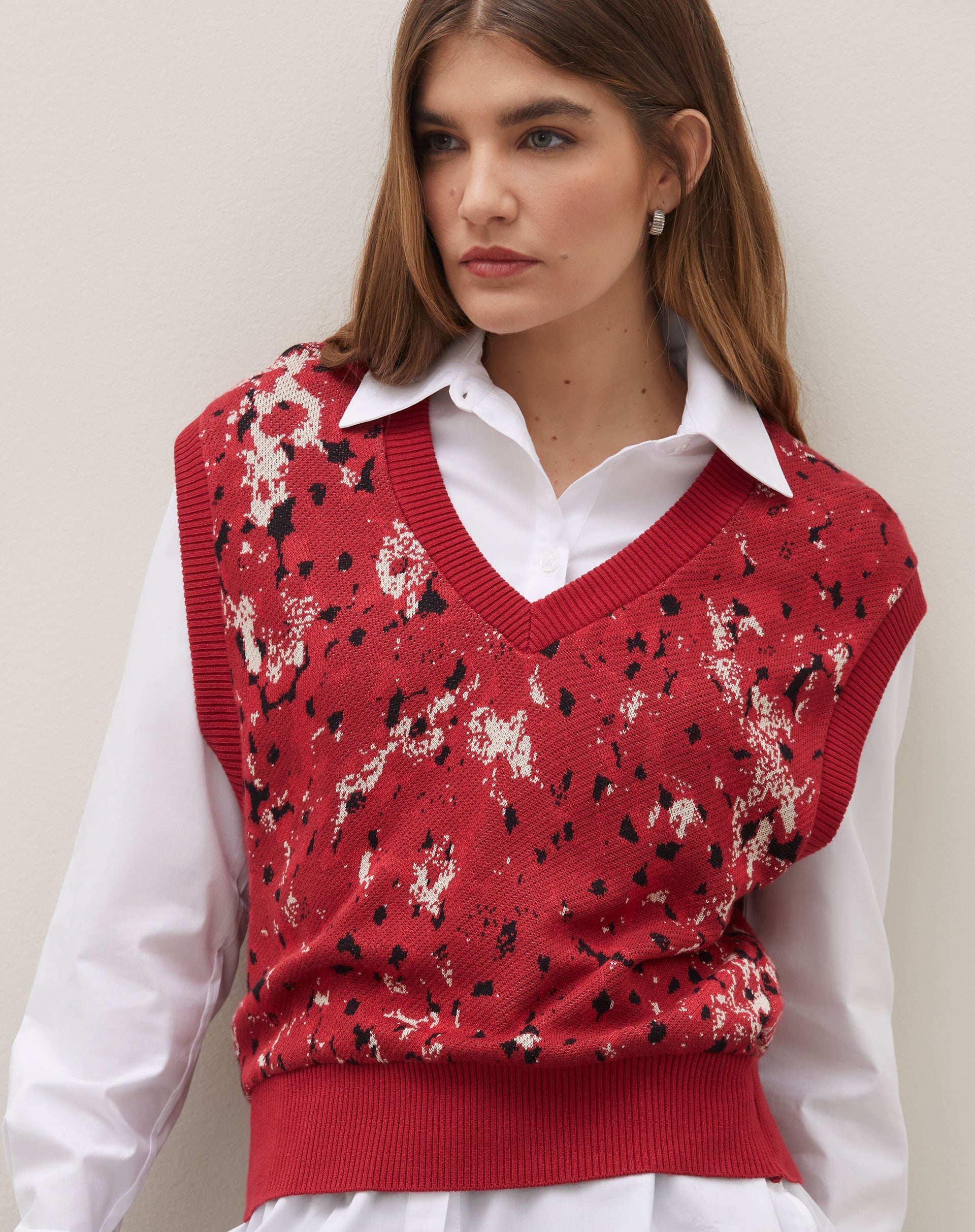 Colete Decote V Jacquard - Watercolor Orchid Vermelho