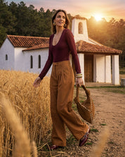 Calça Wide com Pregas Alfaiataria - Marrom