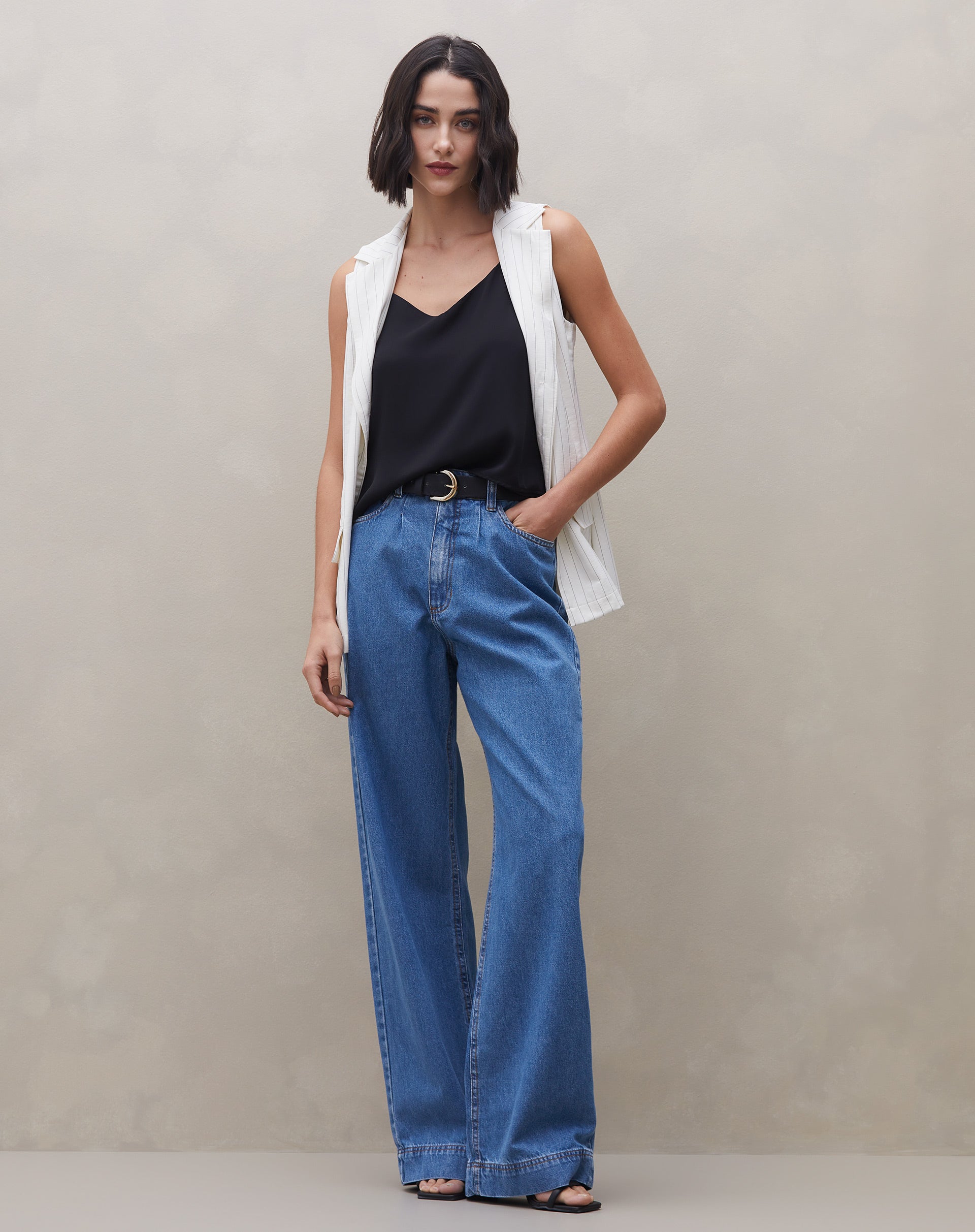 Calça Wide Leg Jeans - Azul Médio