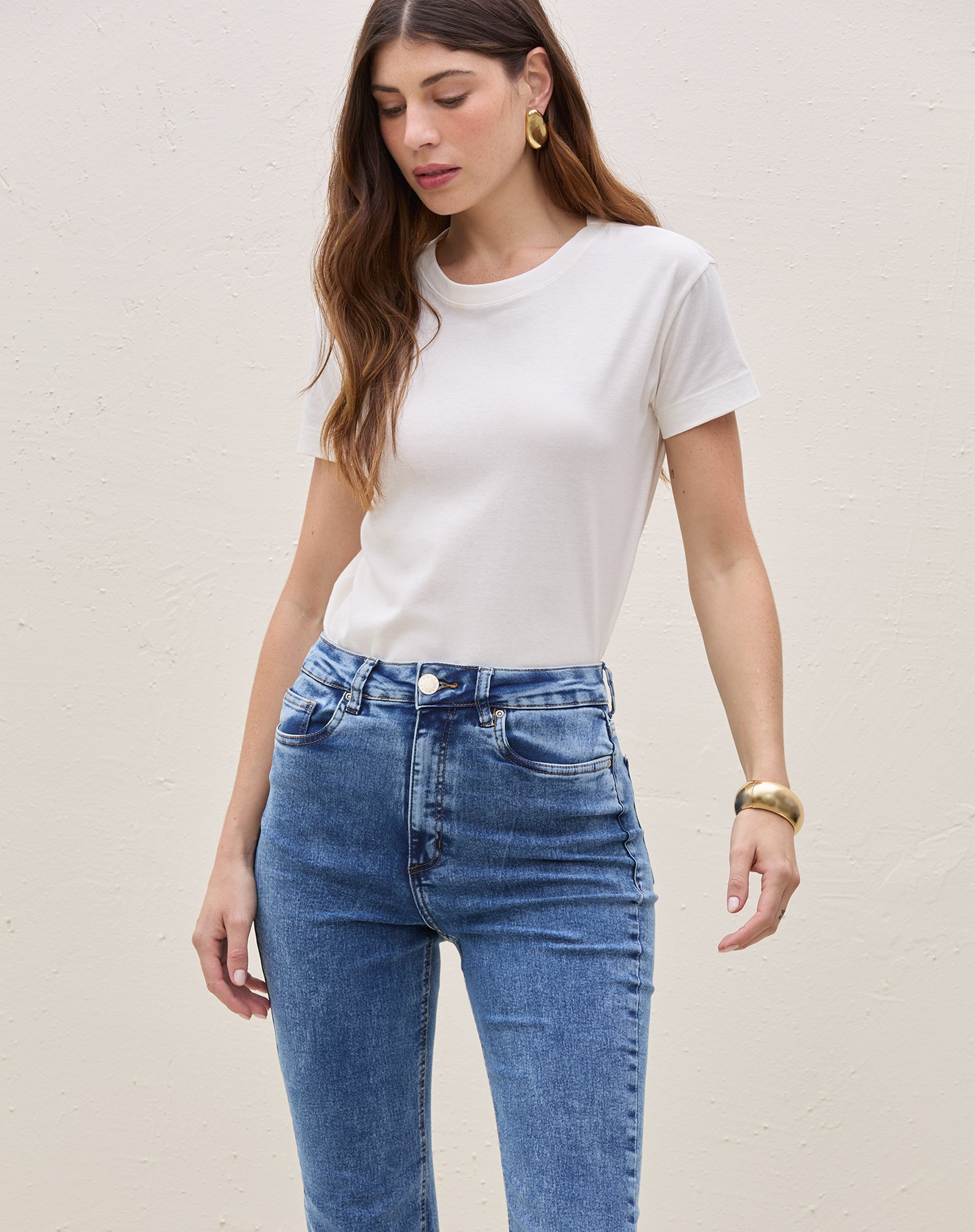 Calça Reta Cropped Jeans - Azul Médio