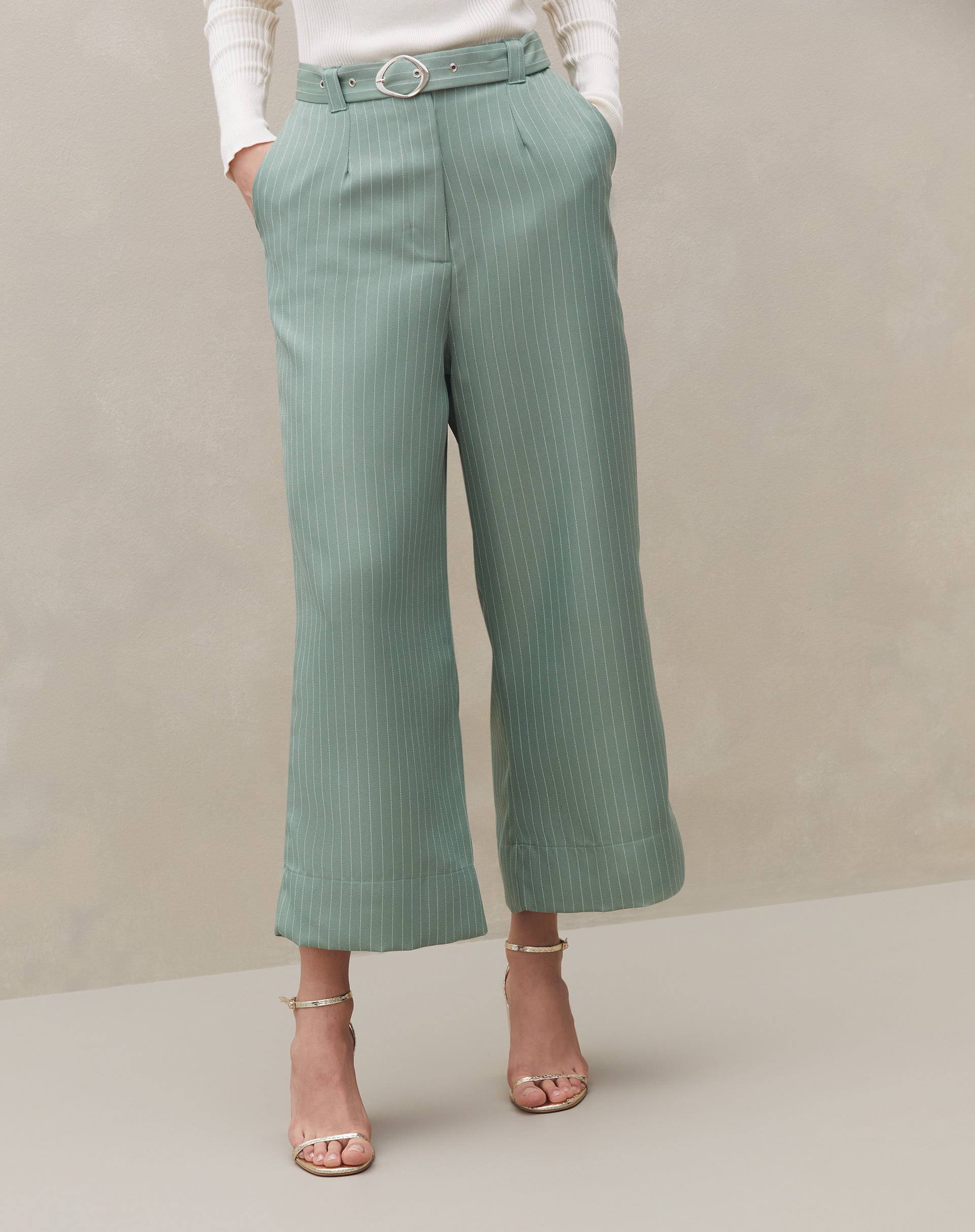 Calça Wide de Alfaiataria Risca de Giz - Verde Musgo