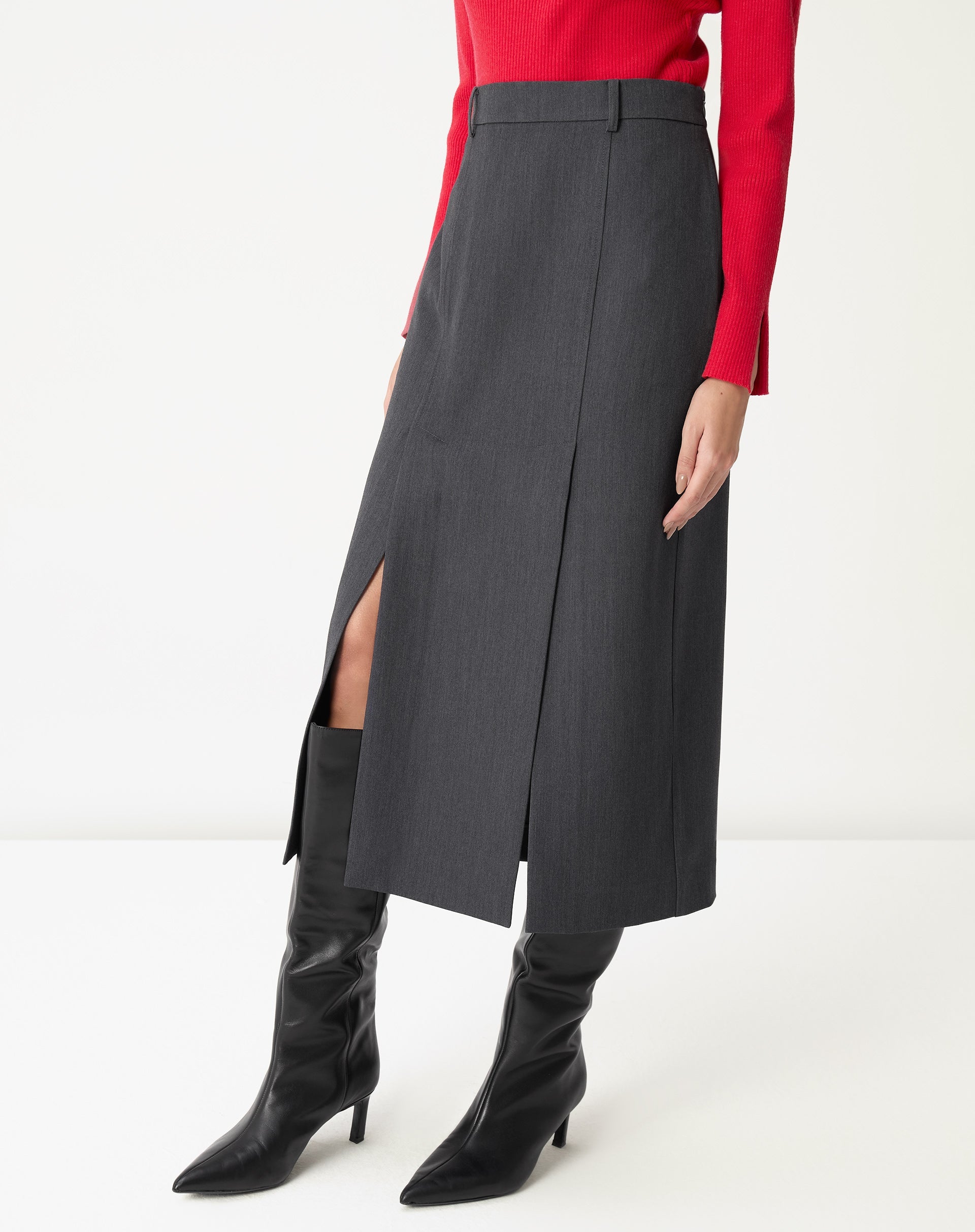 Saia Midi com Fendas Alfaiataria - Cinza