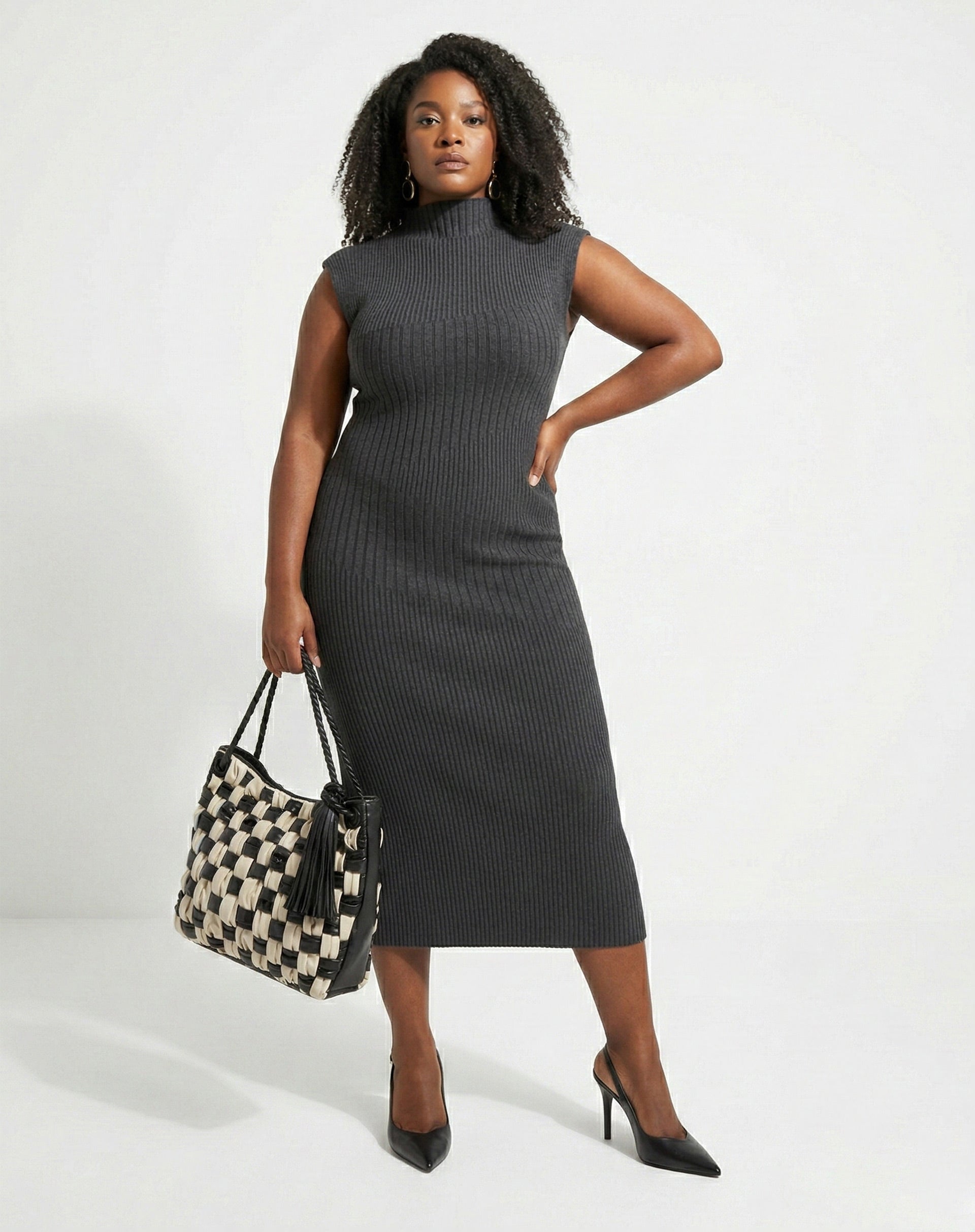 Vestido Midi Tricot Rib - Cinza Mescla Escuro