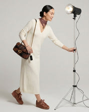 Vestido Mídi Tricot Manga Longa - Off White