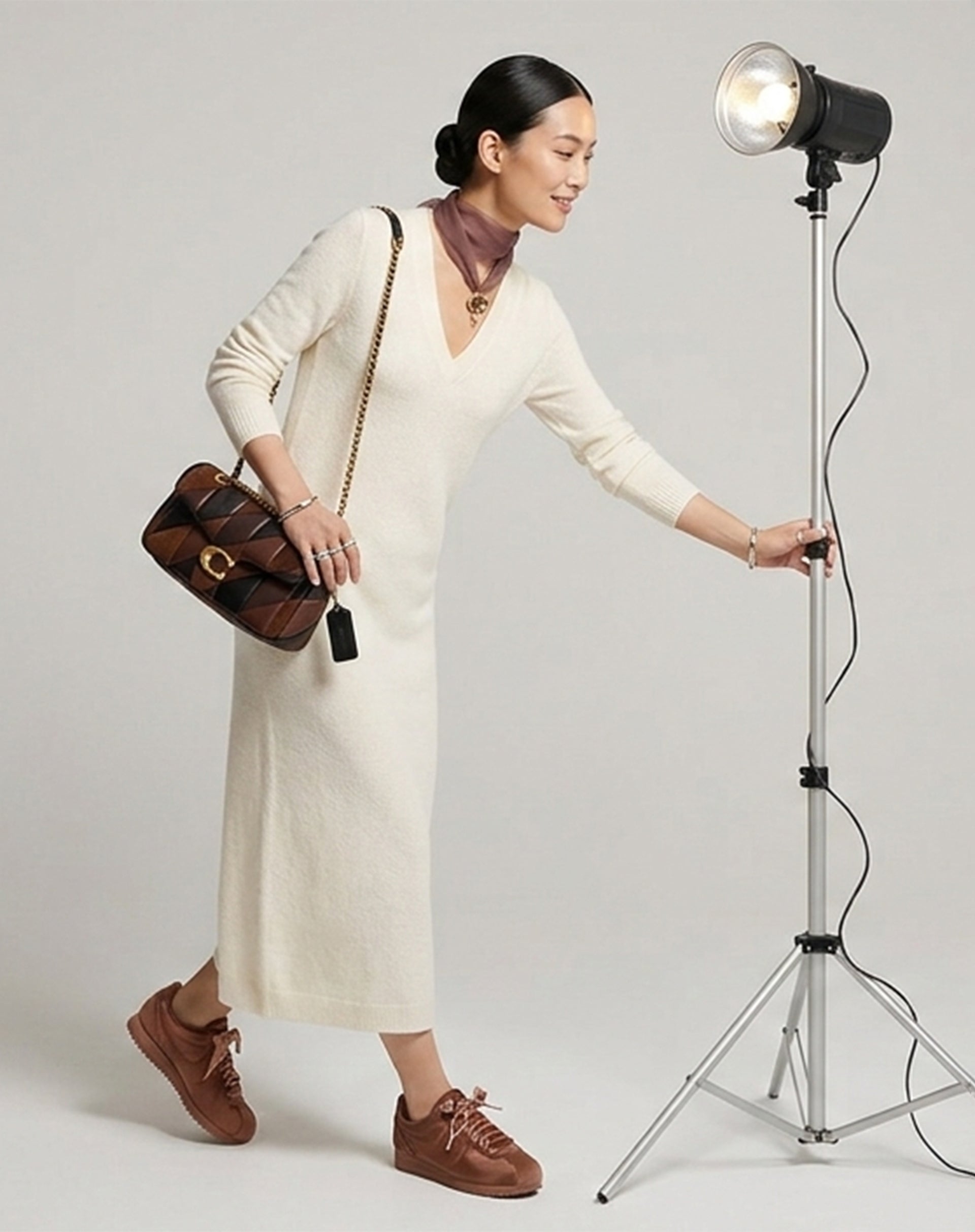 Vestido Mídi Tricot Manga Longa - Off White