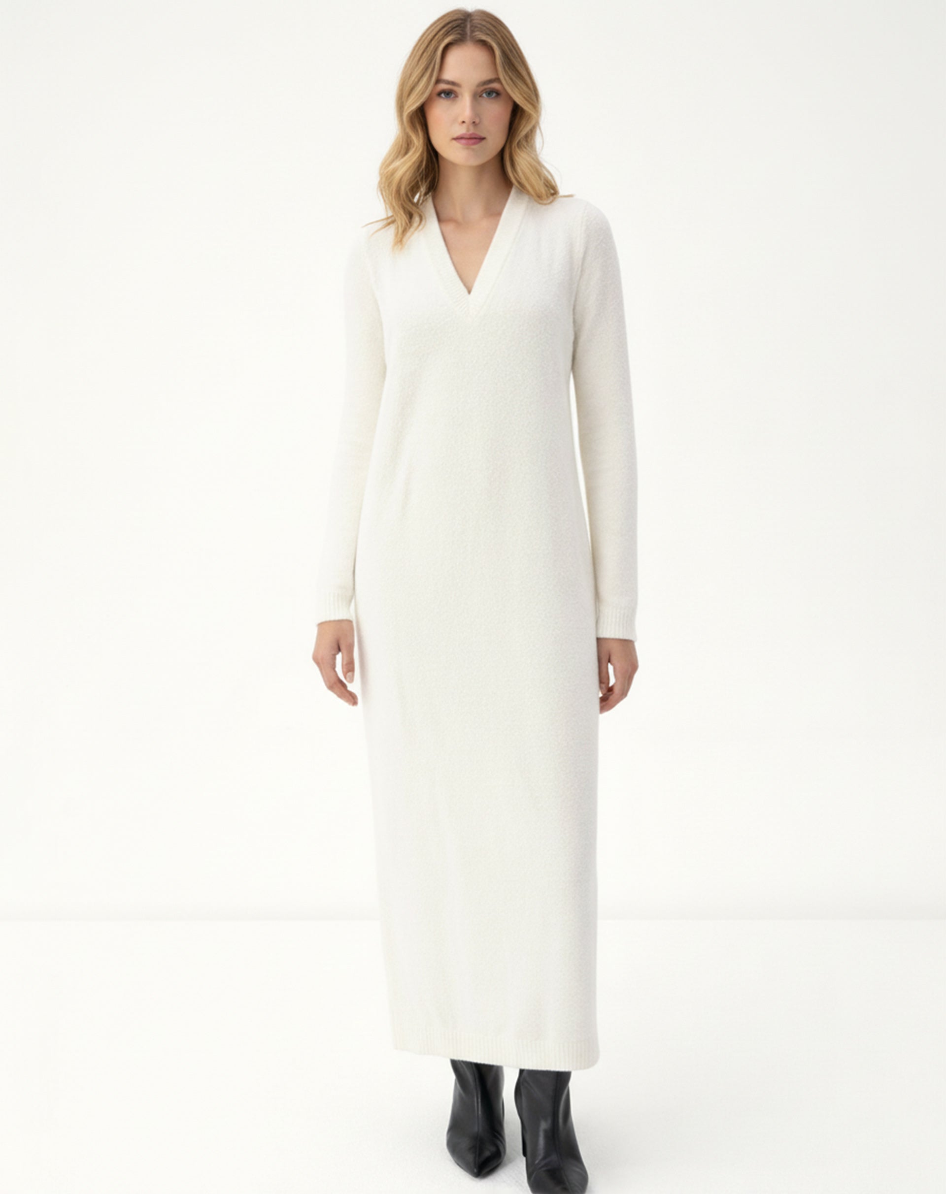 Vestido Mídi Tricot Manga Longa - Off White