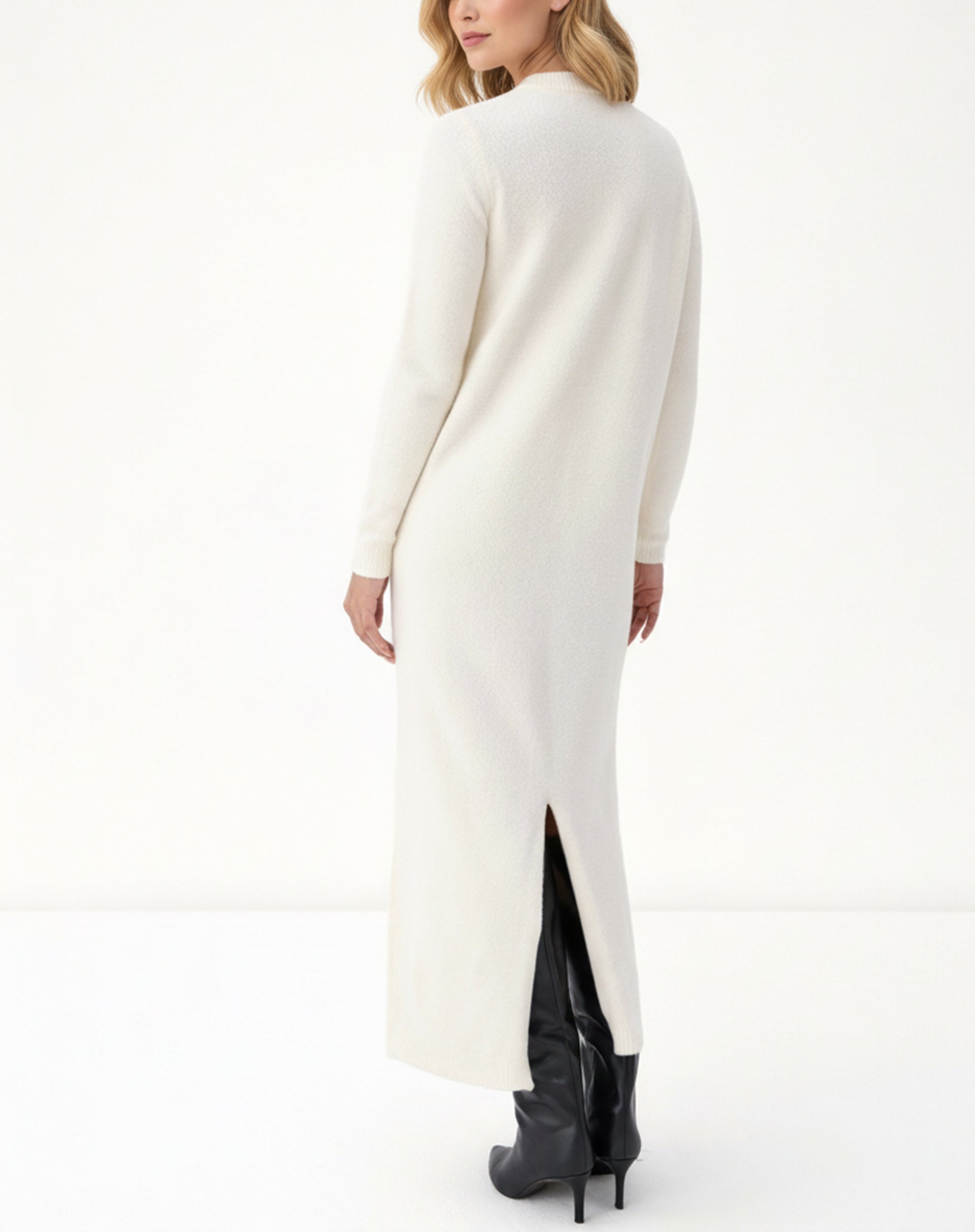 Vestido Mídi Tricot Manga Longa - Off White