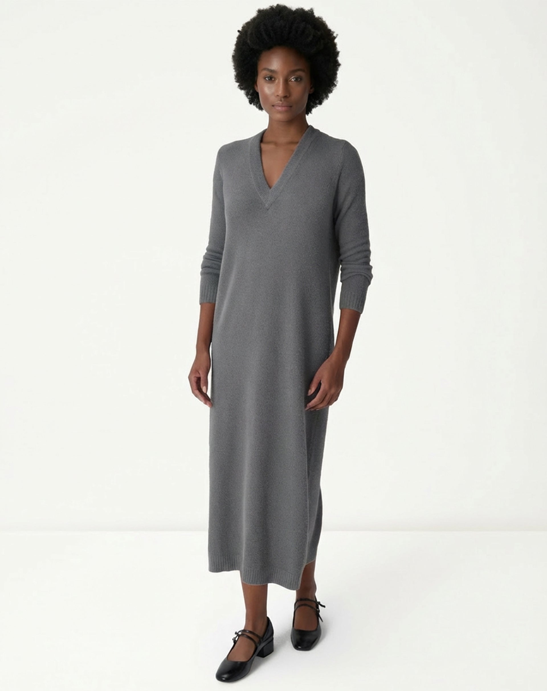 VESTIDO MÍDI TRICOT MANGA LONGA - CHUMBO