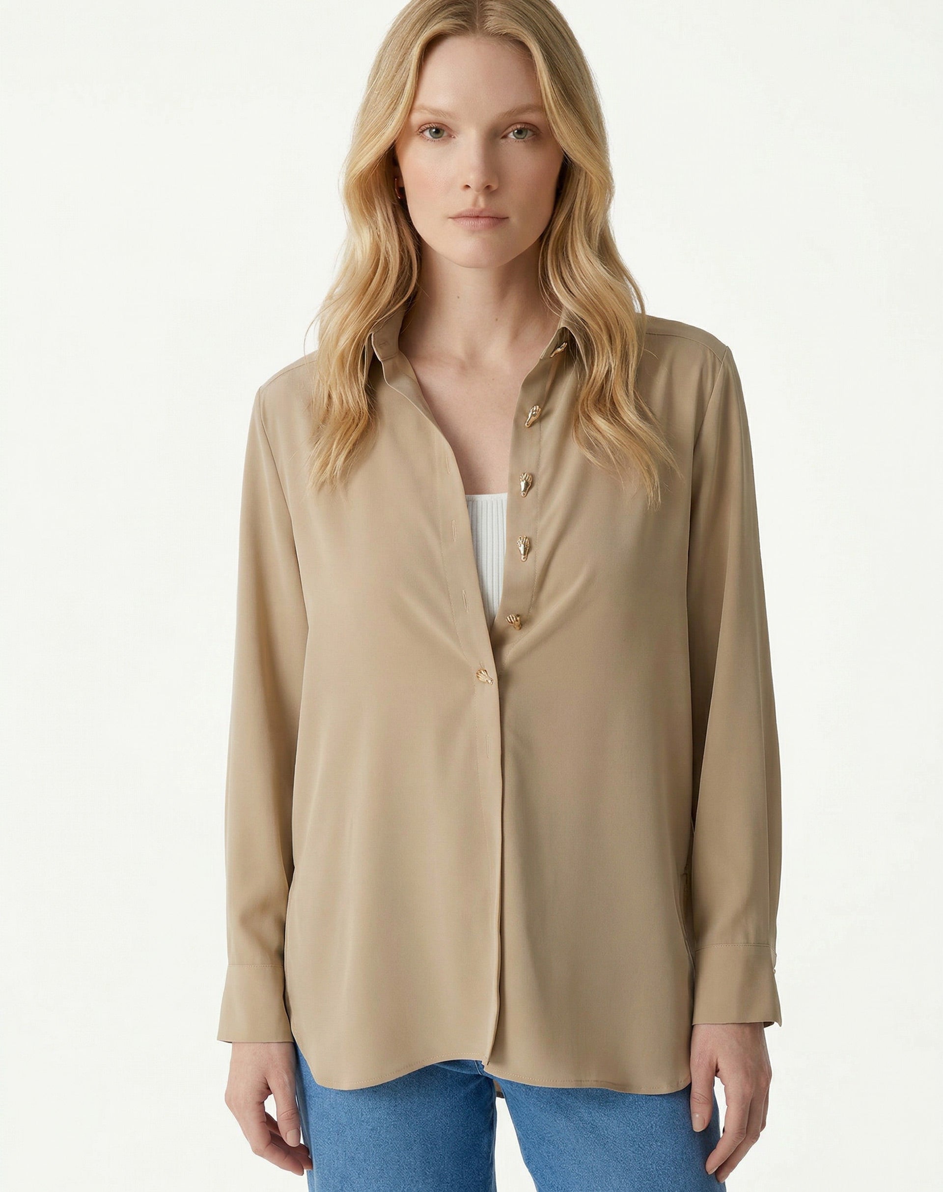 CAMISA ALONGADA COM FENDA - BEGE