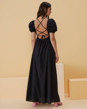 Vestido Maxi Recorte Imperio com Amarração Costas - Preto