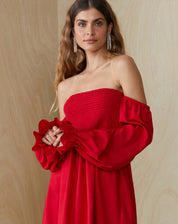 Vestido Curto Ombro a Ombro com Lastex em Linho - Vermelho