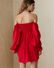 Vestido Curto Ombro a Ombro com Lastex em Linho - Vermelho