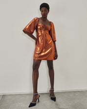 Vestido Curto Decote Coração e Manga Balão - Caramelo