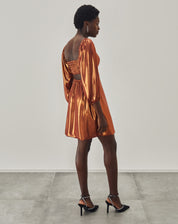 Vestido Curto Decote Coração e Manga Balão - Caramelo