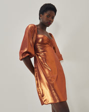 Vestido Curto Decote Coração e Manga Balão - Caramelo