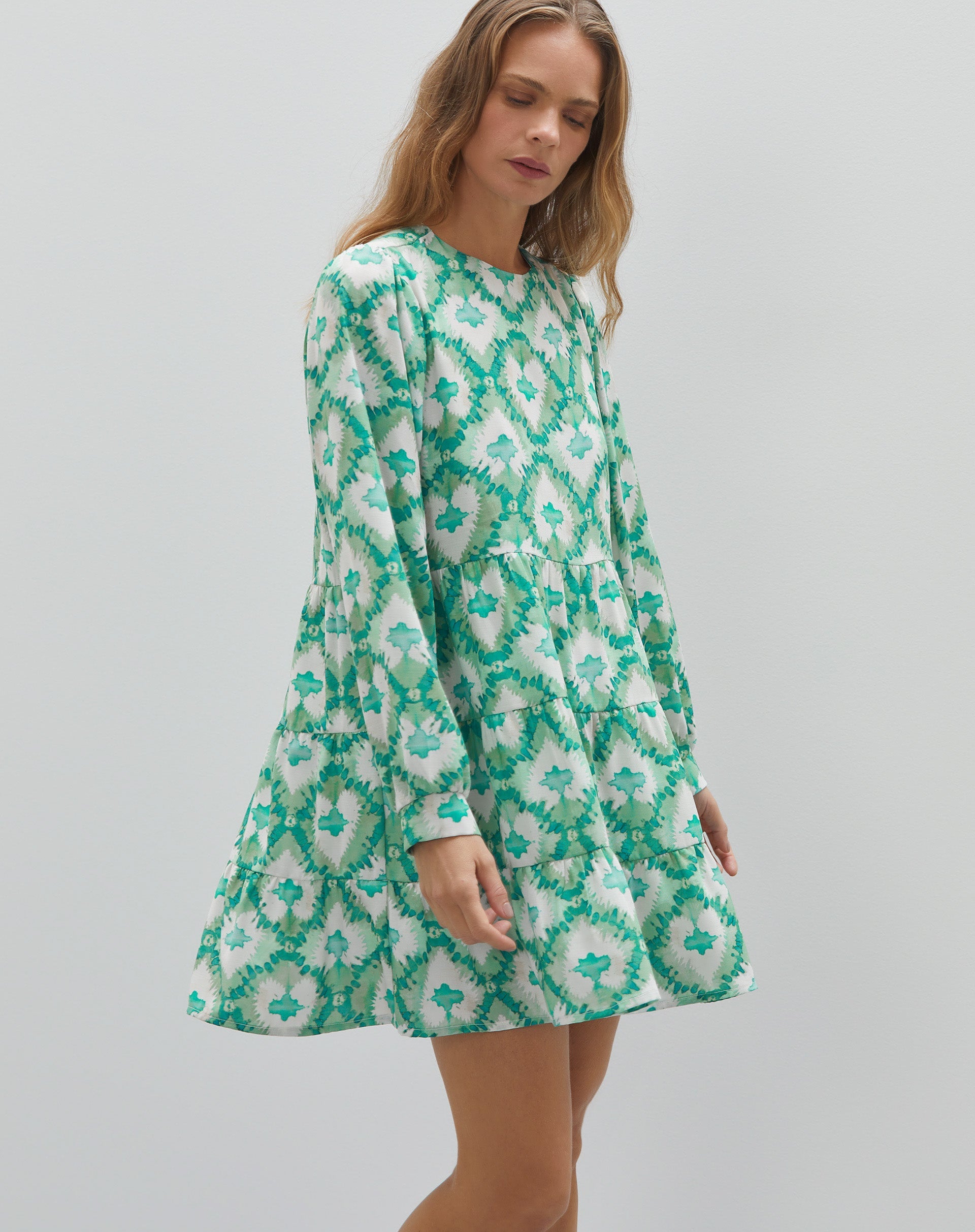 Vestido Curto Manga Longa - Mosaic Shibori Green