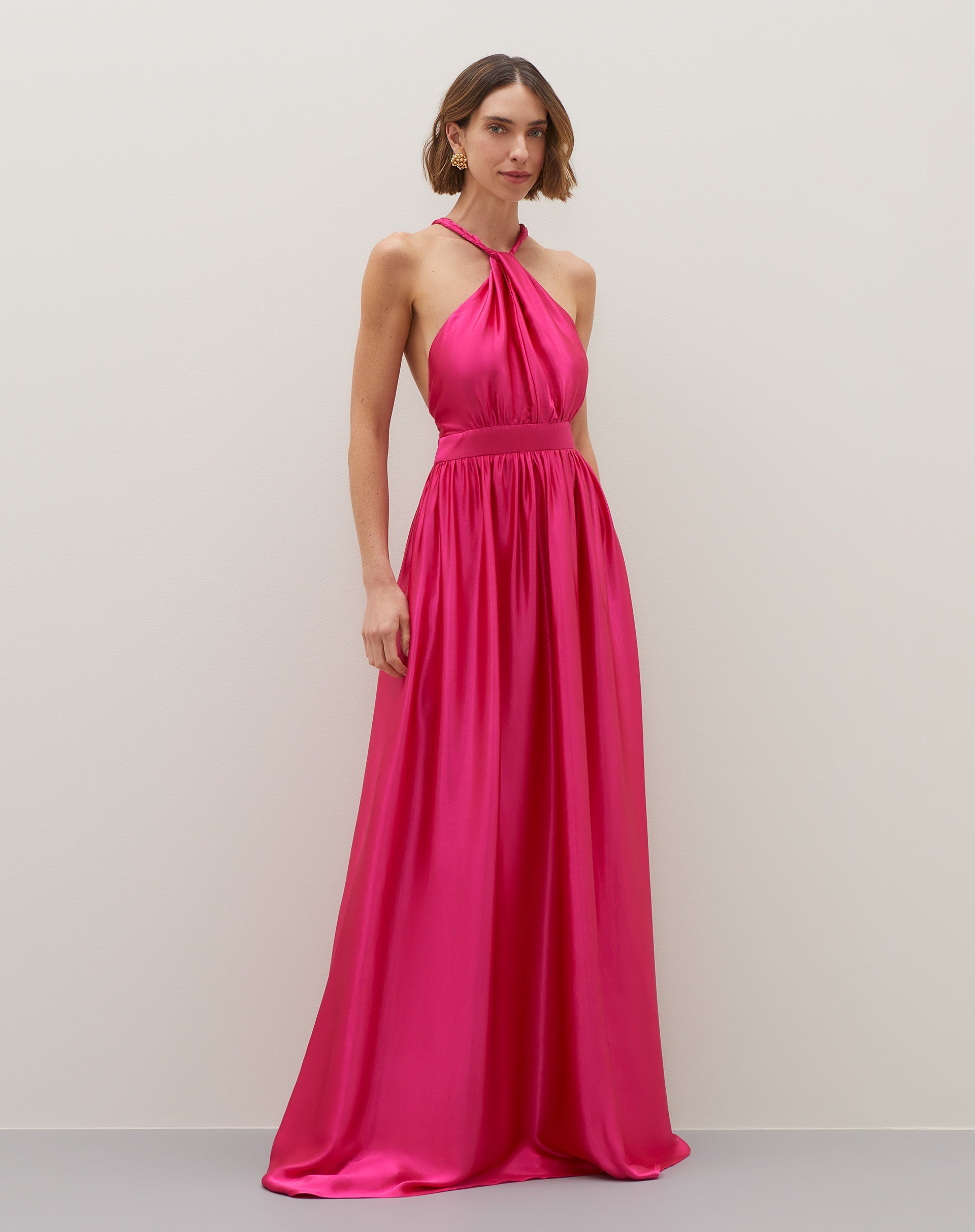 Vestido Longo Decote Halter com Alça Trançada  - Rosa