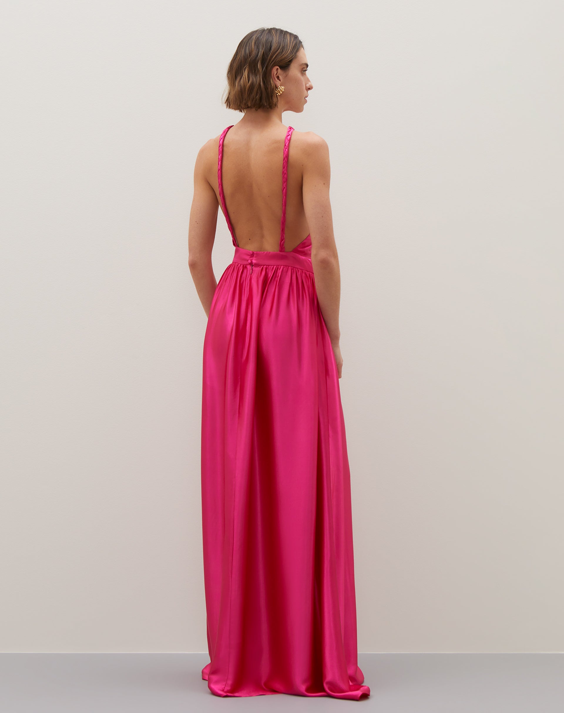 Vestido Longo Decote Halter com Alça Trançada  - Rosa