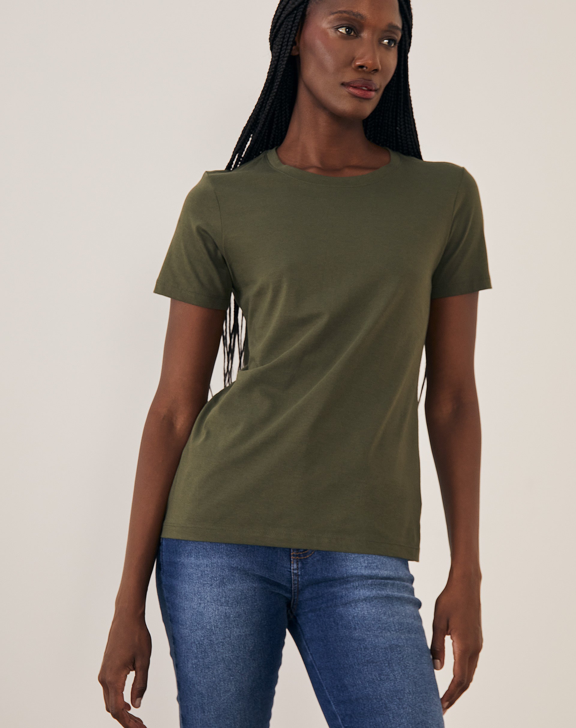 T-shirt Slim de Algodão Pima Gola Redonda Lisa - Verde Militar