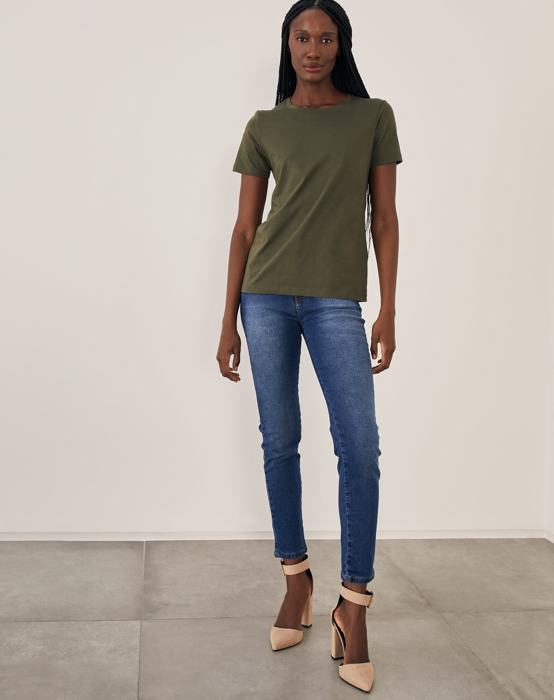 T-shirt Slim de Algodão Pima Gola Redonda Lisa - Verde Militar