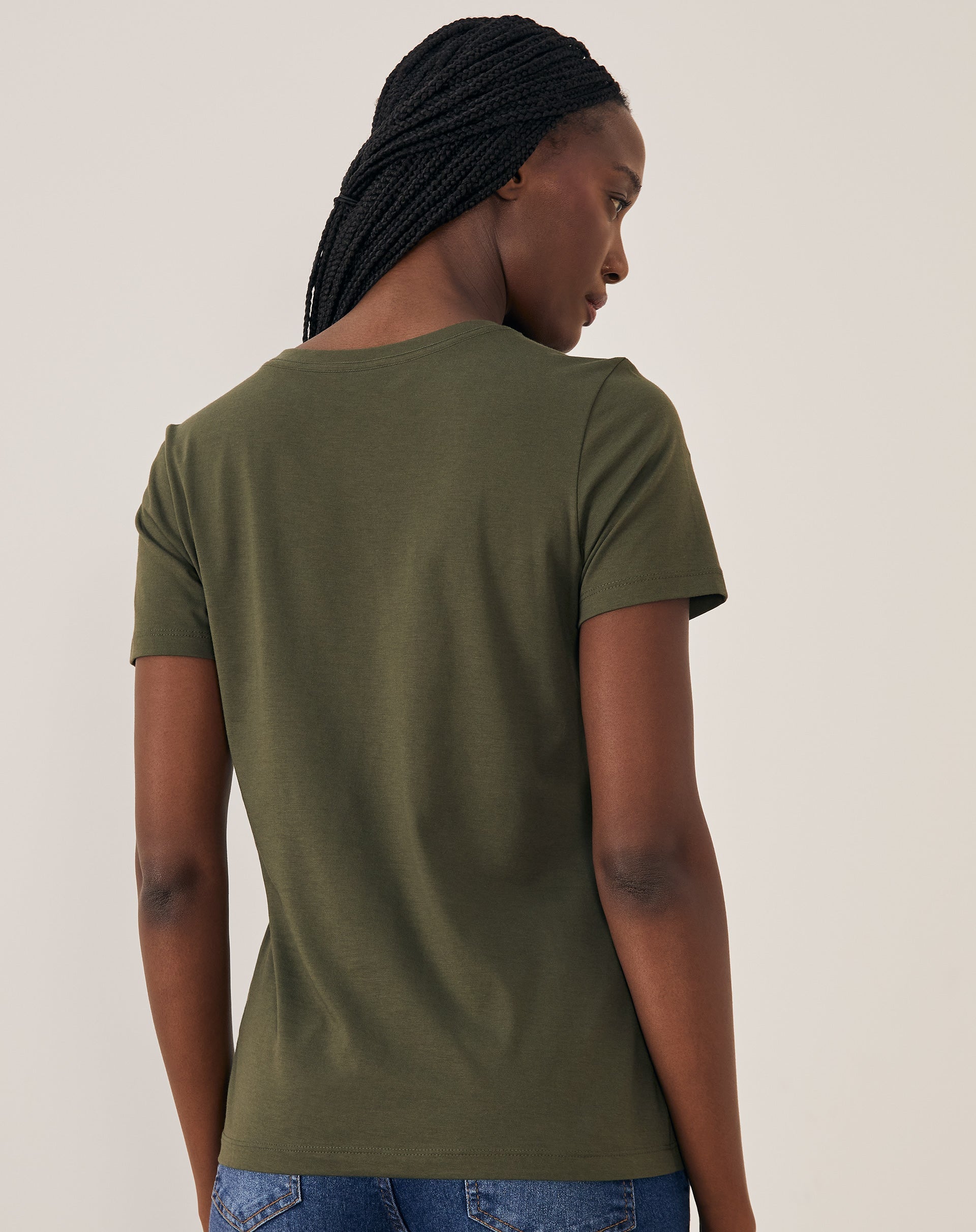 T-shirt Slim de Algodão Pima Gola Redonda Lisa - Verde Militar