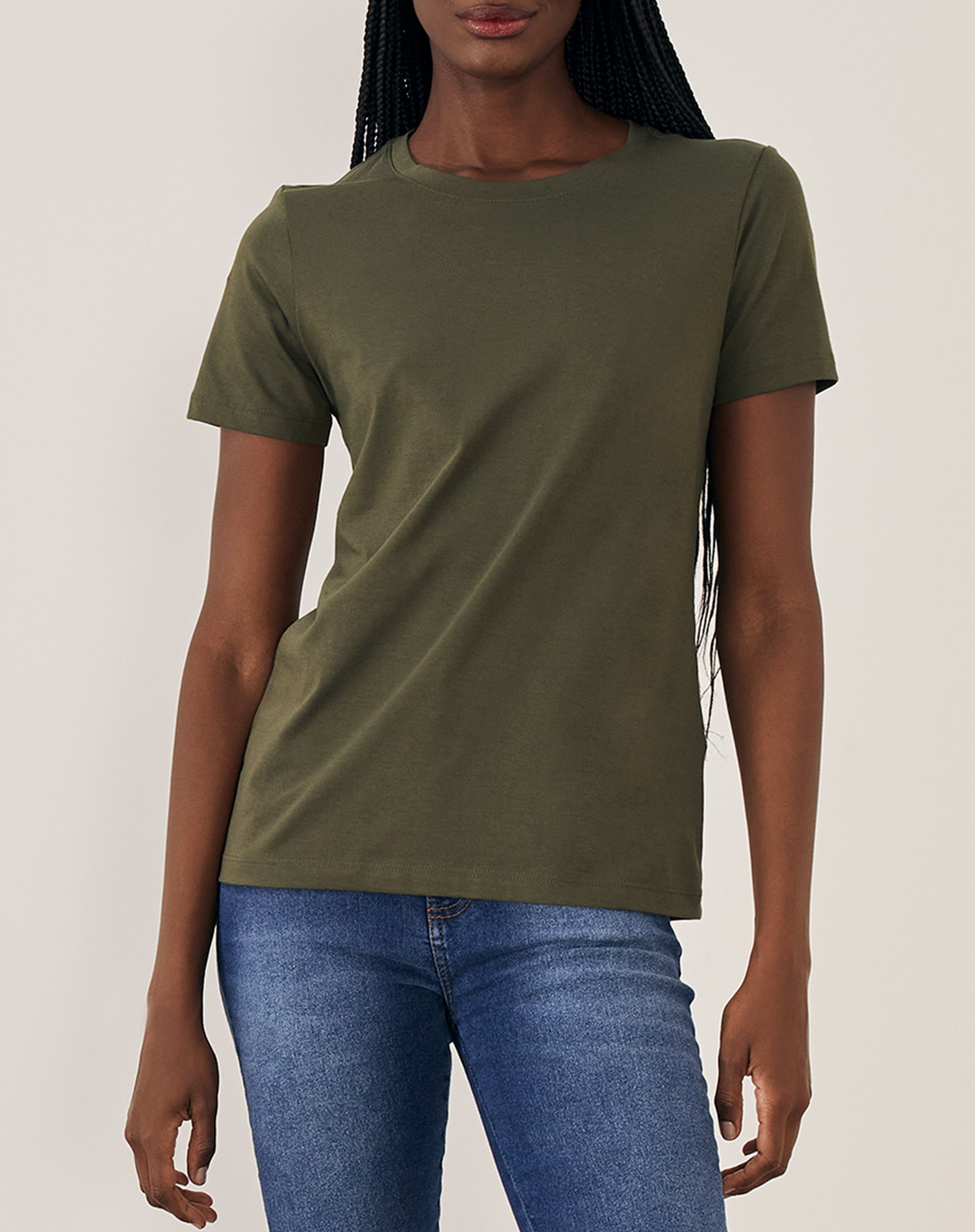 T-shirt Slim de Algodão Pima Gola Redonda Lisa - Verde Militar