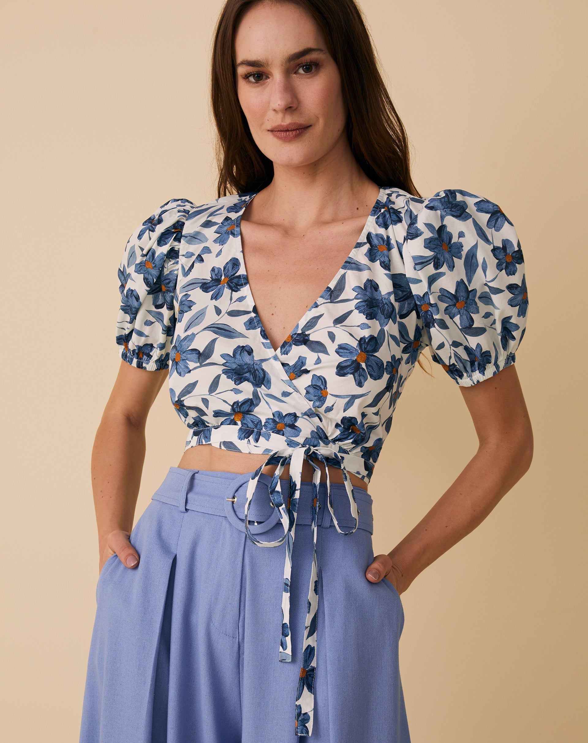 Blusa Tricoline Estampado Transpasse Falso Costas Abertas - Acrylic Flowers