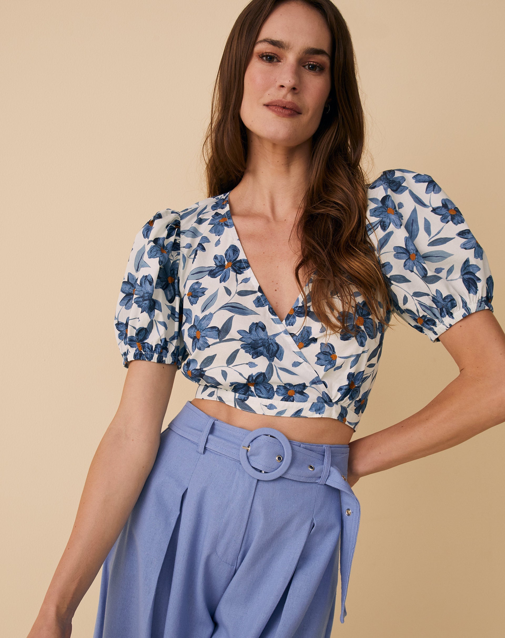 Blusa Tricoline Estampado Transpasse Falso Costas Abertas - Acrylic Flowers